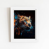 Warren Reed - Designer Leapoard Face Splashart On Dark Background Framed Art Print in White | Size: W12" x H16"