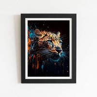 Warren Reed - Designer Leapoard Face Splashart On Dark Background Framed Art Print in Black | Size: W20" x H30"