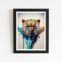 Warren Reed - Designer Leapoard Face Splashart On Light Background Framed Art Print in Black | Size: W24" x H36"