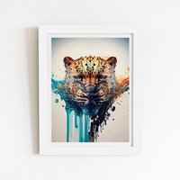 Warren Reed - Designer Leapoard Face Splashart On Light Background Framed Art Print in White | Size: W24" x H36"