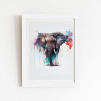 Warren Reed - Designer Elephant Splashart Framed Art Print in White | Size: W20" x H30"