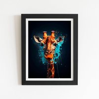 Warren Reed - Designer Blue Giraffe Face Splashart Framed Art Print in Black | Size: W8" x H10"