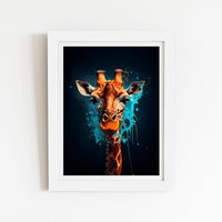 Warren Reed - Designer Blue Giraffe Face Splashart Framed Art Print in White | Size: W12" x H16"
