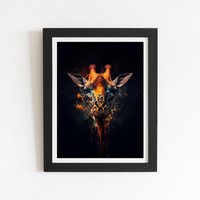 Warren Reed - Designer Golden Giraffe Face Splashart Framed Art Print in Black | Size: W12" x H16"