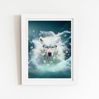 Warren Reed - Designer White Wolf With Glasses Splashart Framed Art Print | Size: W16" x H24"
