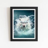 Warren Reed - Designer White Wolf With Glasses Splashart Framed Art Print in Black | Size: W20" x H30"