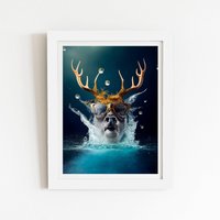Warren Reed - Designer Stag With Glasses Splashart Framed Art Print in White | Size: W24" x H36"