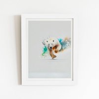 Warren Reed - Designer Charging Polar Bear Framed Art Print in White | Size: W12" x H16"