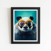 Warren Reed - Designer Panda With Golden Glasses Splashart Framed Art Print in Black | Size: W16" x H24"