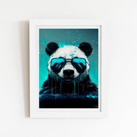 Warren Reed - Designer Panda With Blue Glasses Splashart Framed Art Print in White | Size: W24" x H36"