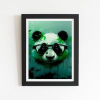 Warren Reed - Designer Panda With Glasses, Green Splashart Framed Art Print in Black | Size: W8" x H10"