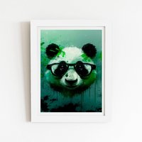 Warren Reed - Designer Panda With Glasses, Green Splashart Framed Art Print in White | Size: W8" x H10"