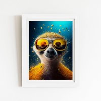 Warren Reed - Designer Meerkat With Golden Glasses Splashart Framed Art Print in White | Size: W20" x H30"