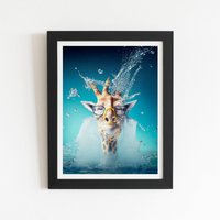 Warren Reed - Designer Giraffe With Glasses Splashart Framed Art Print in Black | Size: W20" x H30"
