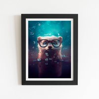 Warren Reed - Designer Ferret With Glasses Splashart Water Framed Art Print in Black | Size: W24" x H36"