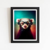 Warren Reed - Designer Ferret With Glasses Splashart Framed Art Print in Black | Size: W8" x H10"