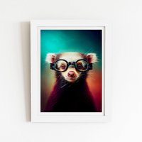 Warren Reed - Designer Ferret With Glasses Splashart Framed Art Print in White | Size: W20" x H30"