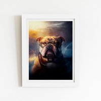 Warren Reed - Designer Bulldog With Glasses Splashart Golden Framed Art Print in White | Size: W24" x H36"