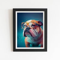 Warren Reed - Designer Bulldog With Glasses Splashart Framed Art Print in Black | Size: W8" x H10"