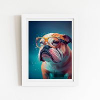 Warren Reed - Designer Bulldog With Glasses Splashart Framed Art Print in White | Size: W24" x H36"