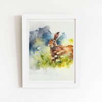 Warren Reed - Designer Hare & Daisies Watercolour Framed Art Print in White | Size: W16" x H24"
