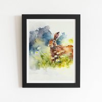 Warren Reed - Designer Hare & Daisies Watercolour Framed Art Print in Black | Size: W24" x H36"