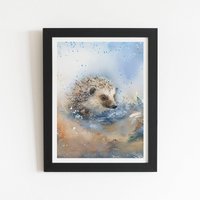Warren Reed - Designer Hedgehog Watercolour Framed Art Print in Black | Size: W12" x H16"