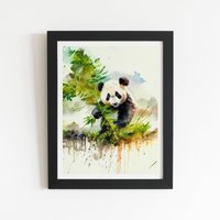 Warren Reed - Designer Panda Eating Bamboo Watercolour Framed Art Print in Black | Size: W16" x H24"