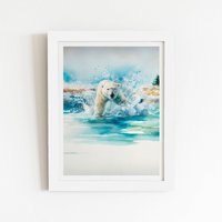 Warren Reed - Designer Hunting Polar Bear Watercolour Framed Art Print in White | Size: W24" x H36"