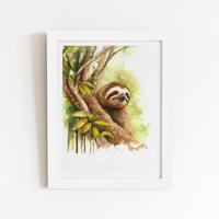 Warren Reed - Designer Sloth Watercolour Framed Art Print in White | Size: W8" x H10"