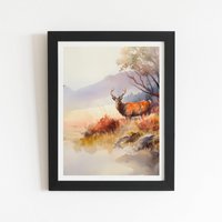 Warren Reed - Designer Stag Deer Water Colour Framed Art Print in Black | Size: W20" x H30"