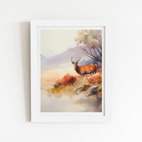 Warren Reed - Designer Stag Deer Water Colour Framed Art Print in White | Size: W20" x H30"