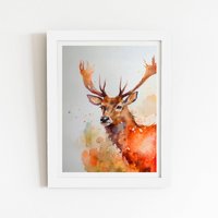 Warren Reed - Designer Majestic Stag Watercolour Framed Art Print in White | Size: W8" x H10"