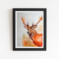 Warren Reed - Designer Majestic Stag Watercolour Framed Art Print in Black | Size: W20" x H30"