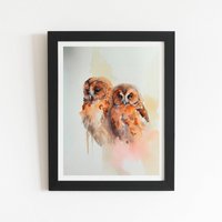 Warren Reed - Designer Loving Tawny Owls Watercolour Framed Art Print in Black | Size: W12" x H16"
