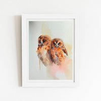 Warren Reed - Designer Loving Tawny Owls Watercolour Framed Art Print in White | Size: W16" x H24"