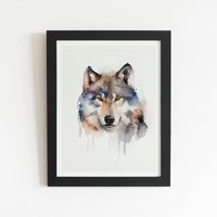 Warren Reed - Designer Wolf Watercolour Framed Art Print in Black | Size: W12" x H16"