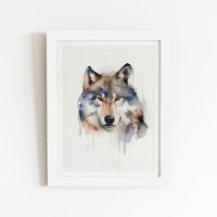 Warren Reed - Designer Wolf Watercolour Framed Art Print in White | Size: W12" x H16"
