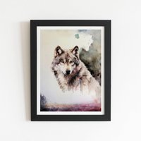 Warren Reed - Designer Loyal Wolf Watercolour Framed Art Print in Black | Size: W20" x H30"