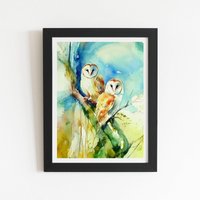 Warren Reed - Designer Barn Owls Watercolour Framed Art Print in Black | Size: W8" x H10"