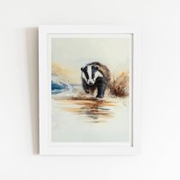 Warren Reed - Designer Wading Badger Watercolour Framed Art Print in White | Size: W16" x H24"