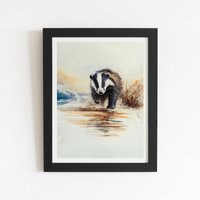 Warren Reed - Designer Wading Badger Watercolour Framed Art Print in Black | Size: W20" x H30"