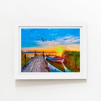Warren Reed - Designer Sunset Of Colours At The Lake Framed Art Print in White | Size: W16" x H24"