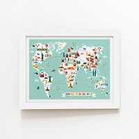 Warren Reed - Designer Cartoon Animal World Map Framed Art Print in White | Size: W8" x H10"