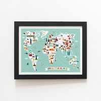 Warren Reed - Designer Cartoon Animal World Map Framed Art Print in Black | Size: W20" x H30"