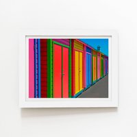 Warren Reed - Designer Coloured Beach Huts Sketch Framed Art Print in White | Size: W8" x H10"