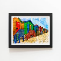 Warren Reed - Designer Colourful Beach Cottages Sketch Framed Art Print in Black | Size: W24" x H36"