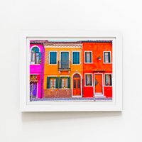 Warren Reed - Designer Colourful Houses In Burano, Venice, Italy Framed Art Print in White | Size: W12" x H16"