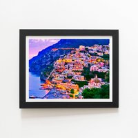 Warren Reed - Designer Postiano At Dusk, Amalfi Coast, Italy Framed Art Print in Black | Size: W16" x H24"