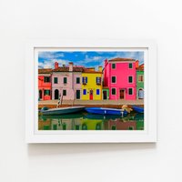 Warren Reed - Designer Bright & Colorful Houses In Burano Island Framed Art Print in White | Size: W16" x H24"